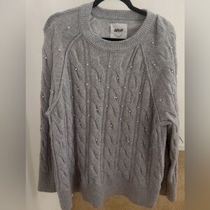 Aerie Oversized Light Gray Cable Sweater with Pearl Details